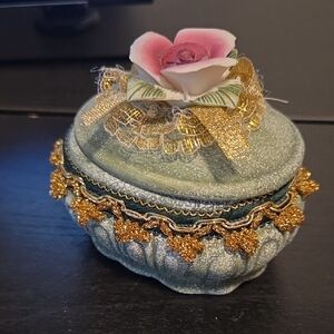 Velvet Decorative Trinket Box with Pink Rose Accent